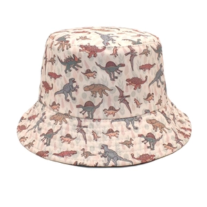 Detailed close-up of cartoon dinosaur prints on a beige wide-brim sun bucket hat