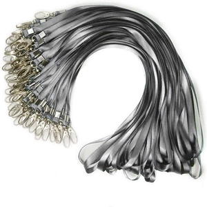 Gray flat polyester neck lanyards with silver metal lobster claws for badges