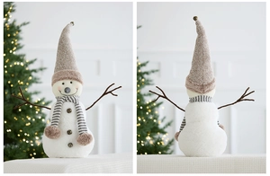 Detailed front and back view of a plush snowman with grey knit hat and striped scarf