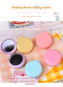 Foldable macaron hairbrush set showing massage bristles and integrated round vanity mirror