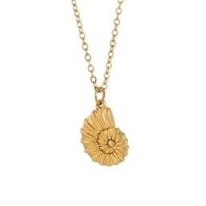 Gold shell pendant necklace with spiral texture on minimalist stainless steel chain