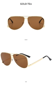 Front and side views of gold aviator sunglasses with gradient tea lenses and double bridge