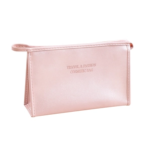 Pink waterproof PU leather travel cosmetic bag with a convenient side handle