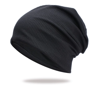 Classic black waffle knit slouchy beanie for men with a double-layered winter texture