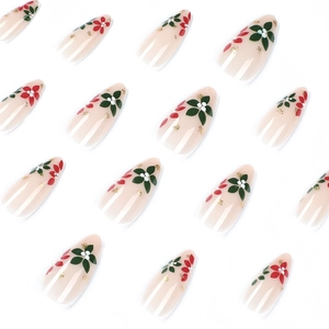 Christmas floral press on nails with red flowers and gold leaf on long almond tips
