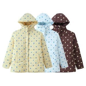 Floral hooded puffer jackets in yellow, blue and brown with drawstring details