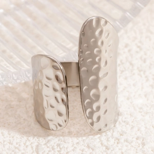 Irregular hammered silver stainless steel cuff bracelet with open adjustable design