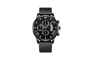 Macro view of black Milanese mesh strap and detailed chronograph dial with date display