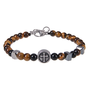 Detail of beaded men's bracelet with tiger eye stones and silver cross pendant charm