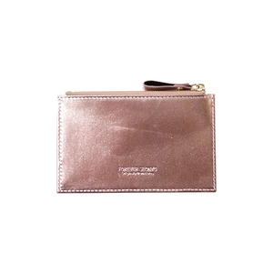 Metallic rose gold mini card wallet with zipper closure and embossed lettering