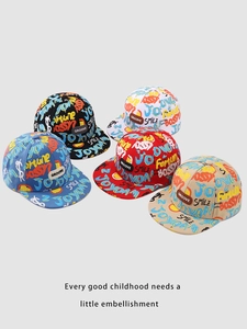 Close-up of five colorful graffiti print flat brim baseball caps with leather patches