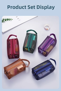 Flat lay of five colorful mesh storage pouches with zippers in various seasonal colors