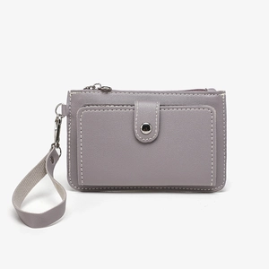 Gray PU leather coin purse and card holder with wrist strap and snap button closure
