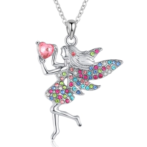 Fairy Pendant Necklace Alloy Heart Colorful Rhinestone Angel Wings Jewelry For Girls Kids Gift