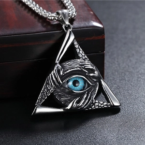 Retro triangle evil eye pendant necklace with blue eye and embossed hand details
