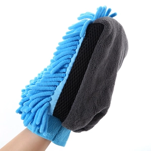Thick chenille car wash glove in blue and grey microfiber for professional detailing
