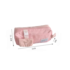 Pink quilted pencil case with detachable mini pouch and handle showing 21x11.5x8cm dimensions