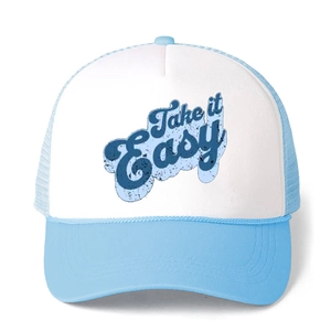 Adjustable light blue trucker hat with Take it EASY print and breathable mesh back
