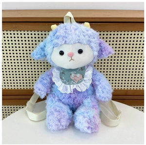 Front view of purple gradient lamb plush backpack with adjustable straps on a table
