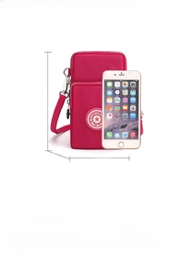 Detailed size chart for rose red nylon crossbody phone bag with three layered pockets