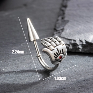 Hamsa Hand with red gemstone and spike ear hoop earring in polished silver finish