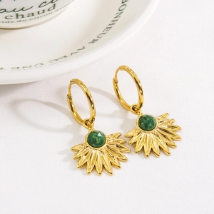 Bohemian 14K gold leaf earrings with green gemstone and vintage sunburst pendant