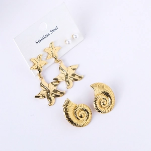 Golden stainless steel starfish and seashell earring set with polished metallic finish