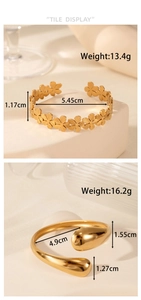 Detailed tile display of gold floral hollow and droplet bangles with size dimensions