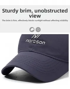 Detail of navy blue baseball cap showing firm brim and 3D narason embroidery