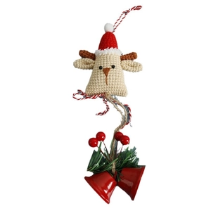 Handmade crochet Christmas reindeer pendant with red hat, festive bells and green pine needles