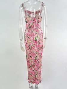 Detailed back view of pink floral pleated maxi dress with slim fit spaghetti straps