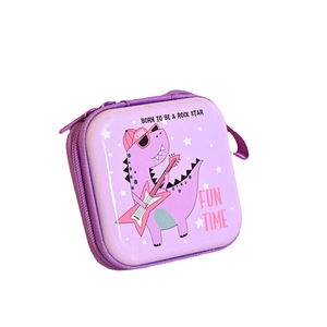 Purple dinosaur tinplate coin purse and earphone case with rock star dinosaur graphics