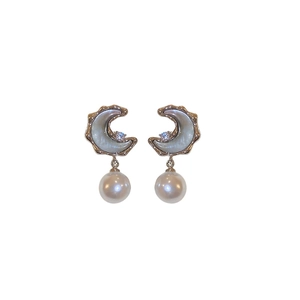Vintage gold moon earrings with mother of pearl resin, zircon, and round hanging pearls