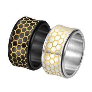 Detailed macro of honeycomb spinner rings in gold, black, and silver stainless steel finishes