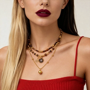 Vintage Tiger's Eye Layered Necklace Copper Gold Plated With Zircon Round Pendant Bohemian Jewelry For Women