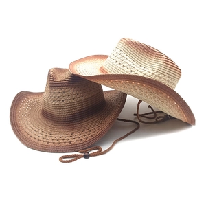 Vintage gradient cowboy straw hats with hollow weave design and chin cord for sun protection