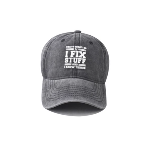 Dark grey washed cotton baseball cap with printed fix stuff slogan and wrench icon