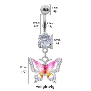 Vue détaillée du piercing de nombril papillon argenté montrant dimensions et ailes pailletées