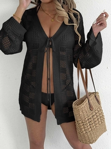 Cache-maillot de plage en crochet noir pour femme avec cordon, manches évasées et dentelle