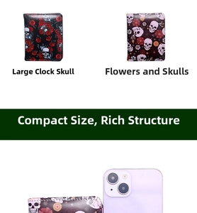 Compact skull and rose print wallets shown with a smartphone to demonstrate portable size