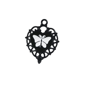 Black hollow heart pendant with white butterfly in enamel finish for DIY jewelry making