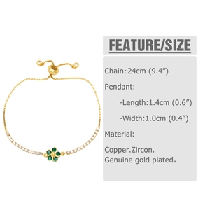 Detail view of flower pendant with green stones and adjustable zircon link chain