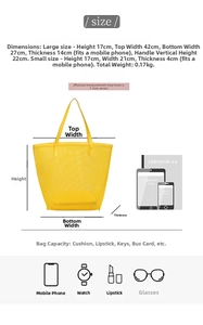 Size guide for mesh beach bags showing dimensions for large and small styles