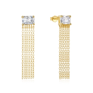 Detail of S925 sterling silver stamp on gold tassel earrings with square zirconia