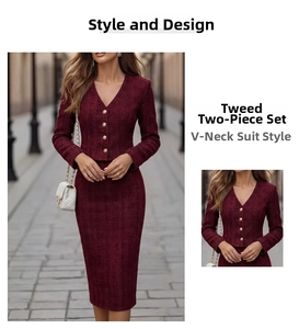 Detail of dark red tweed suit with V-neckline, weaving texture and gold embossed buttons