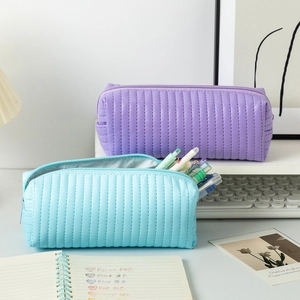 Large capacity quilted pencil case in sky blue and lavender purple for students