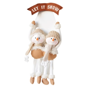 Christmas snowman plush hanger with Let It Snow banner in cozy knitted fabric