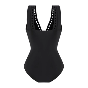 Detail of modern black one-piece swimsuit featuring wide mesh cutout shoulder straps