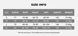 Detailed size guide for long sleeve athletic jumpsuit with bust, waist, and hip measurements