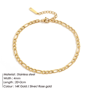 Close-up view of 4mm stainless steel Figaro chain anklet with 14K gold plated finish